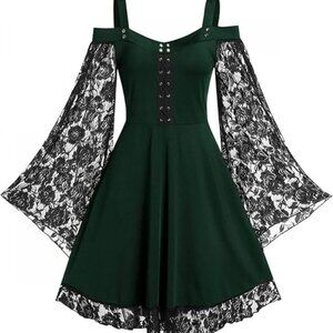 Gothic Black and Green Dress Vintage‎ Lace  Goth Punk Rock Renaissance XL